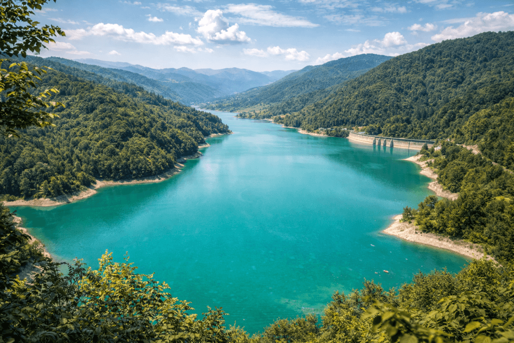 Valea Doftanei vara, vedere spre Lacul Paltinu