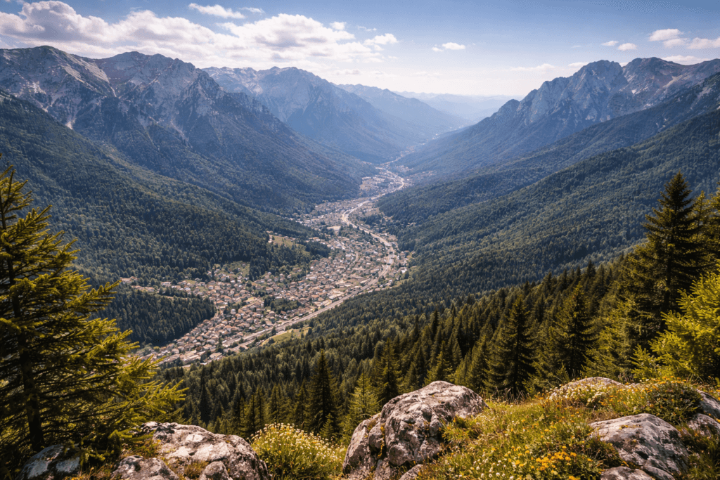 Panoramă peste Valea Prahovei și Munții Bucegi