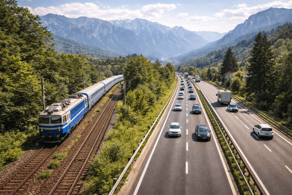 Comparație vizuală între tren și mașină pentru accesul în Valea Prahovei