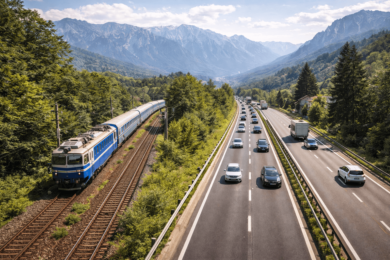 Comparație vizuală între tren și transportul pe DN1 spre Valea Prahovei