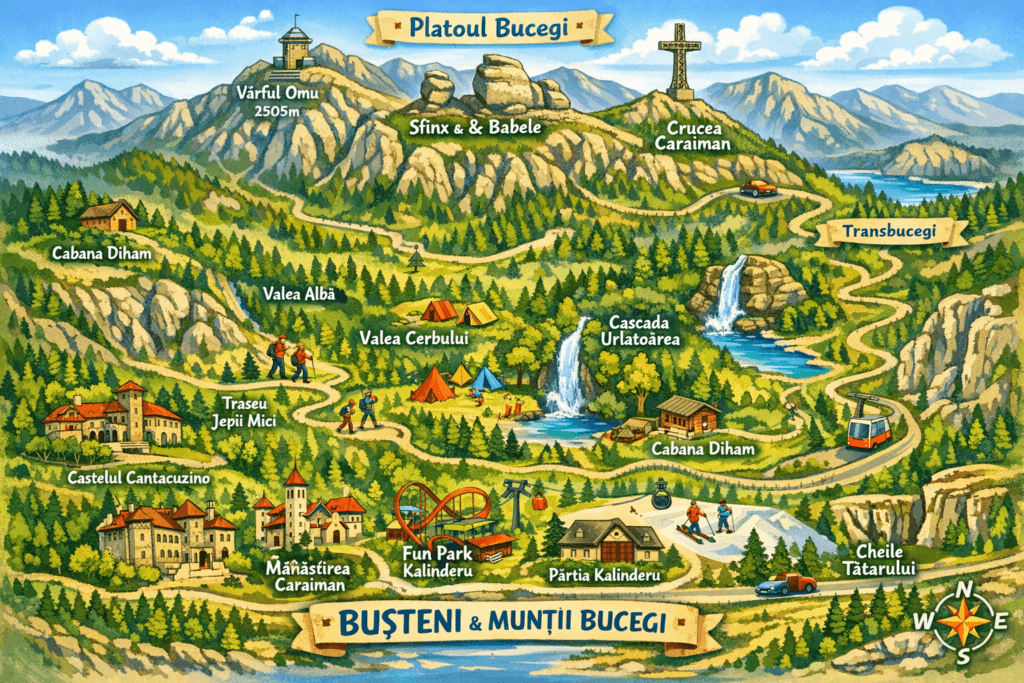 Harta principalelor atracții turistice din Bușteni