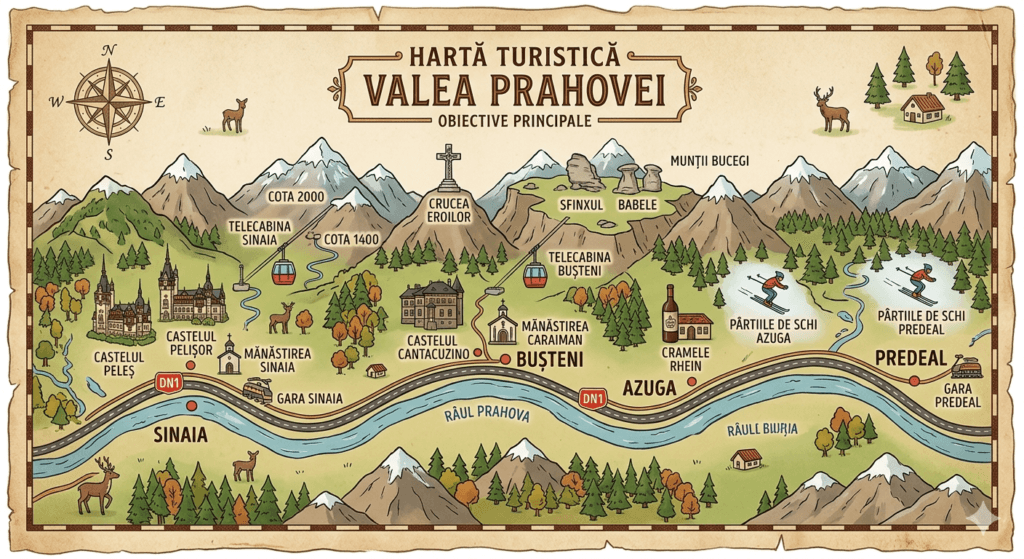 Harta Valea Prahovei cu 7 localități, DN1, calea ferată și principalele atracții turistice