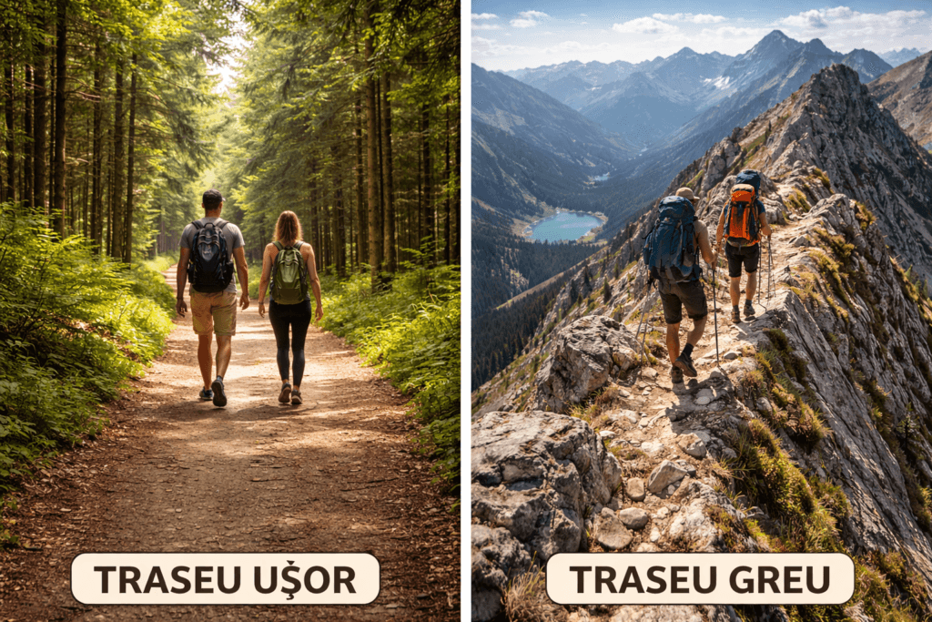 Comparație între un traseu ușor prin pădure și un traseu solicitant pe creastă