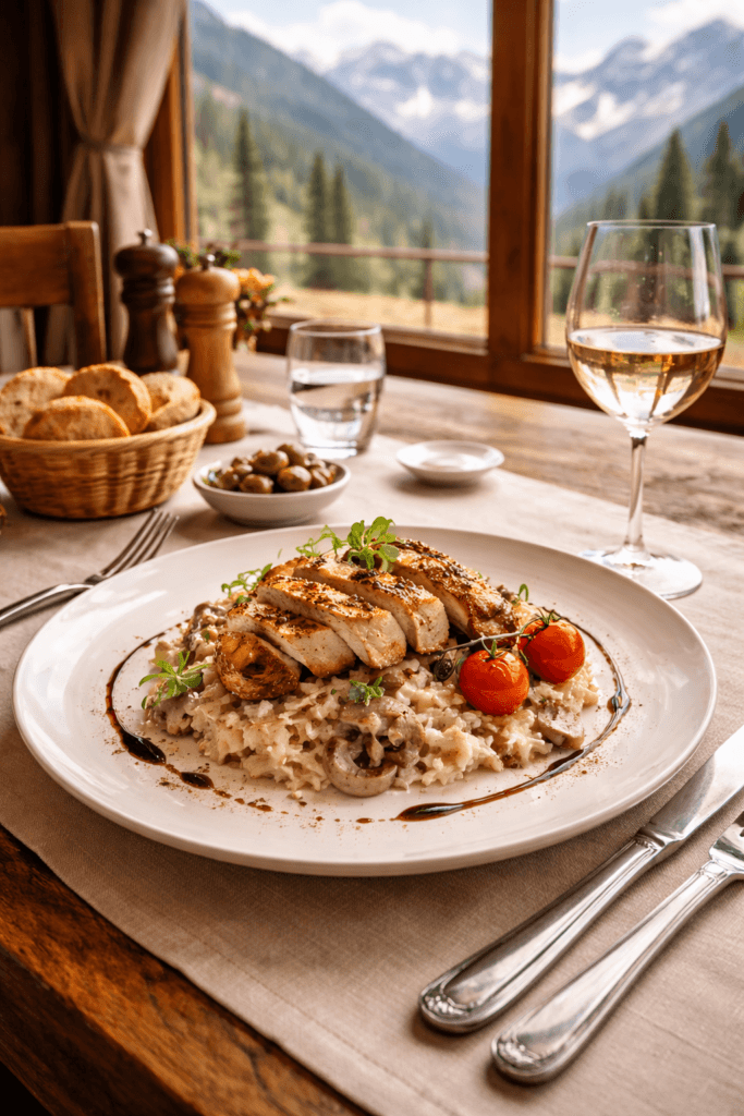 Masă pregătită într-un restaurant montan cu vedere spre munți