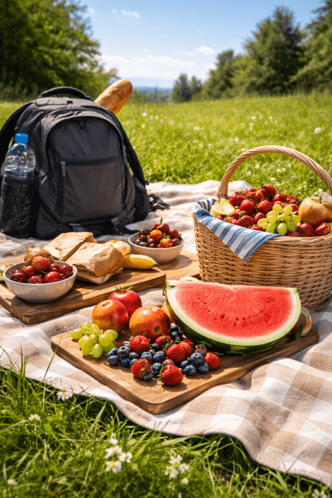 Picnic cu fructe, apă și rucsac într-o zi de vară