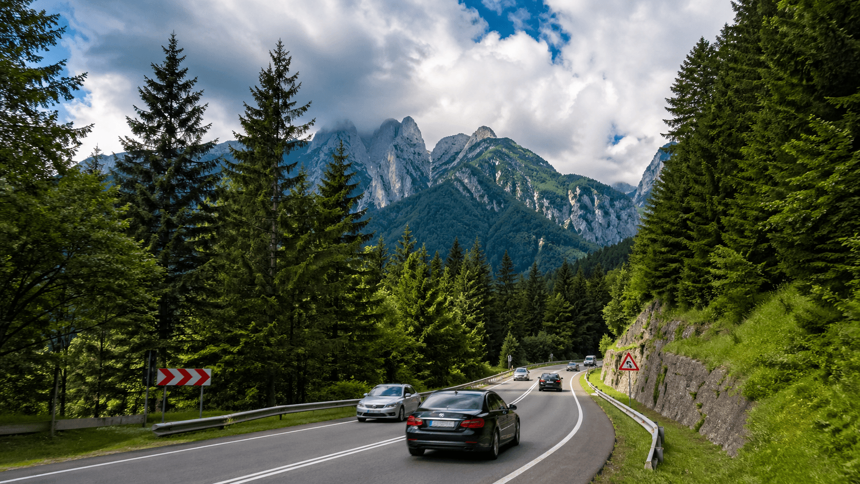 DN1 între Sinaia și Bușteni, într-un peisaj montan