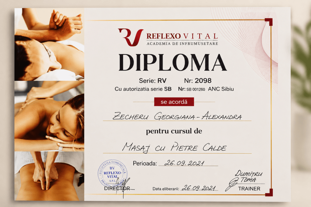 Diplomă masaj cu pietre calde Alexandra Zecheru
