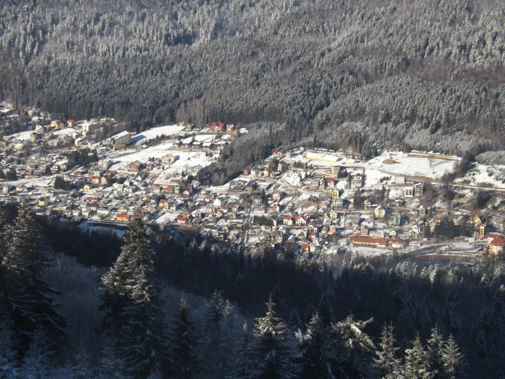 Panoramă asupra orașului Azuga iarna