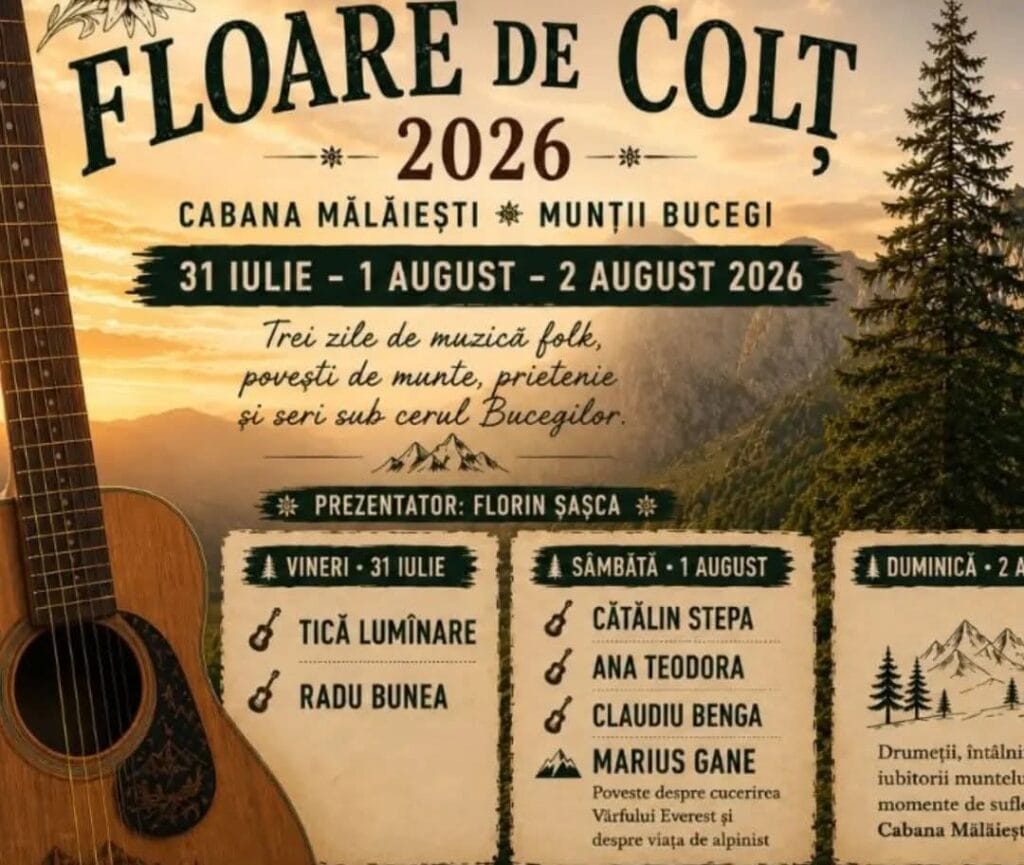 Afișul festivalului folk Floare de Colț 2026 de la Cabana Mălăiești, Munții Bucegi