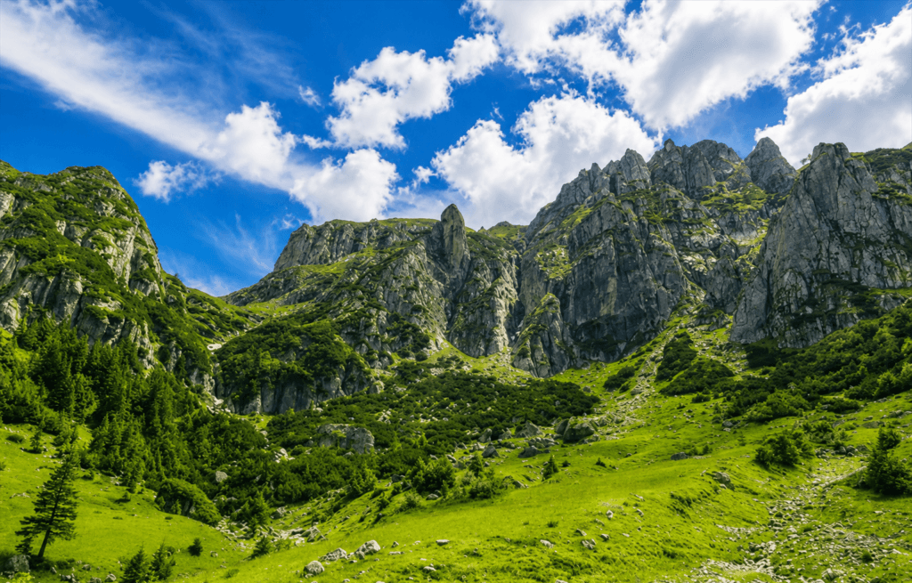 Vedere de pe traseul Jepii Mari spre Valea Prahovei și Platoul Bucegi