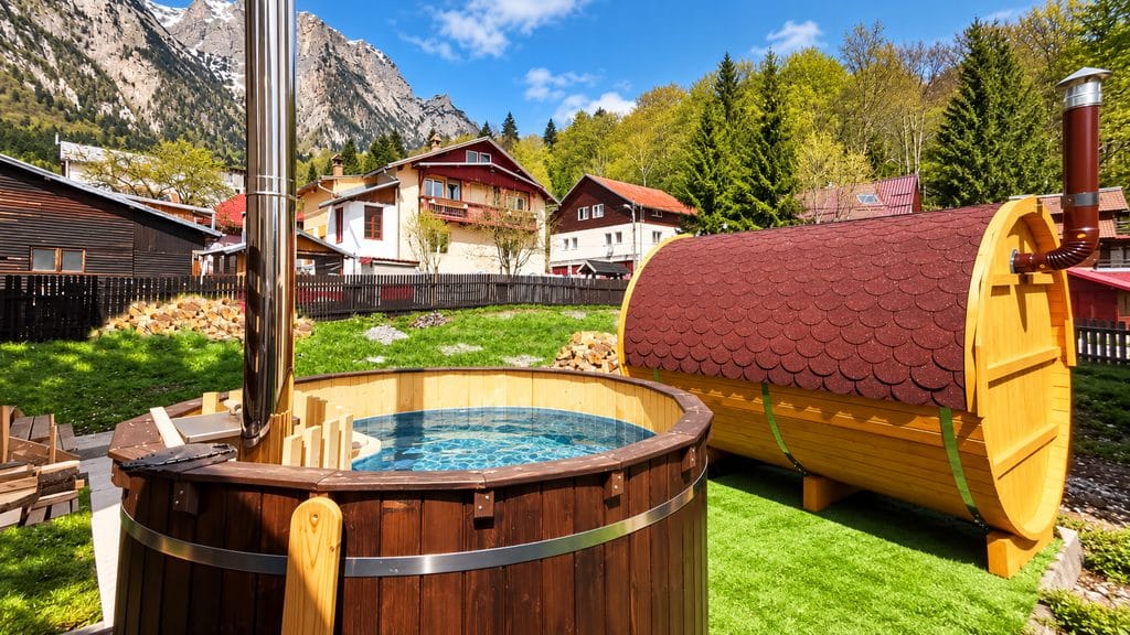 Sauna și ciubărul de la Curcubeu 1, cu vedere spre munți